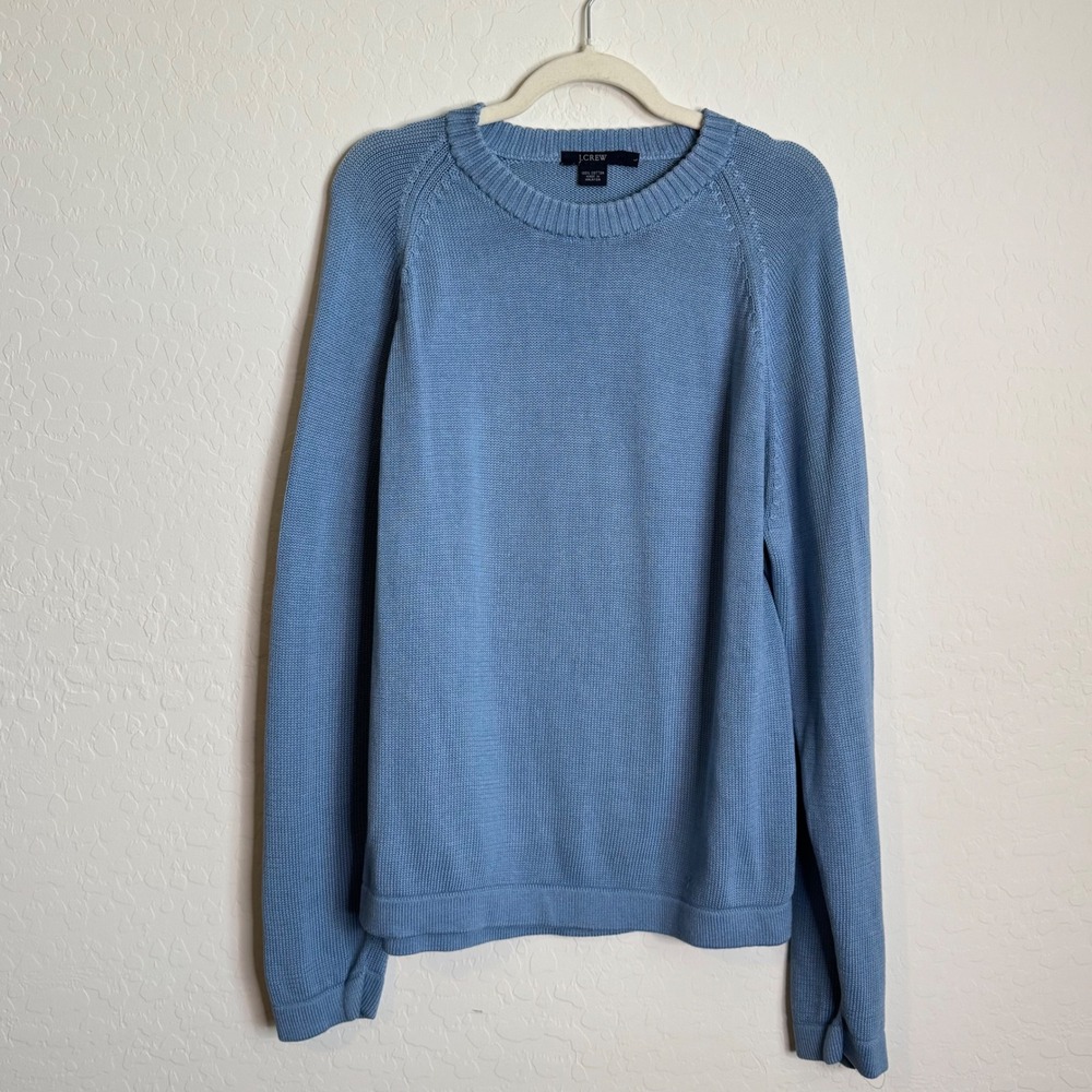 J.Crew Womens Blue 100% Cotton Raglan Crewneck Knit Sweater Sz Large‎ Preppy